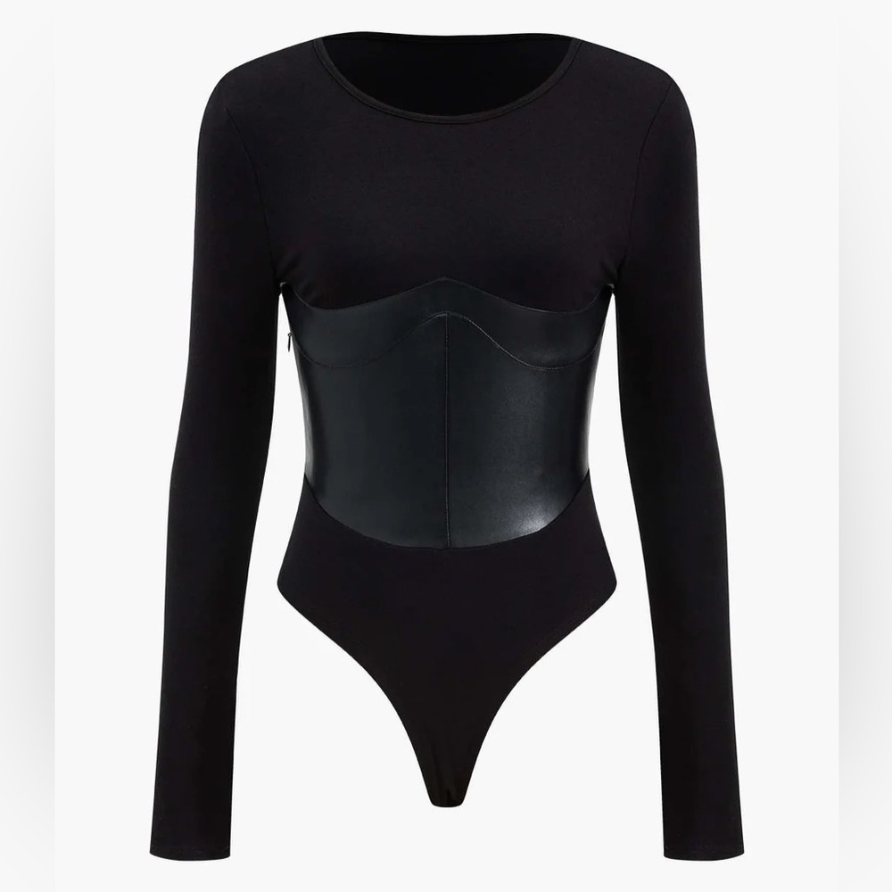 Black Long Sleeve Bodysuit with Leather Corset